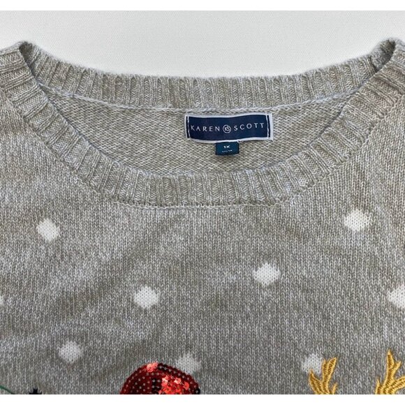 Karen Scott Sweater Top Women's 1X Gray CATS Sequins Holiday Graphic Relaxed NEW - Picture 11 of 14